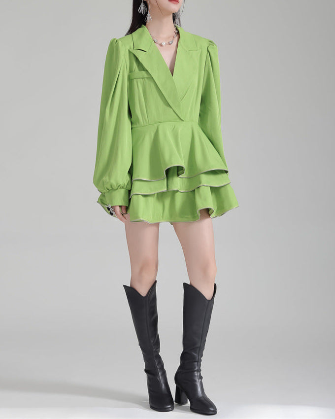 Shirt suit with multi-layered short skirt -