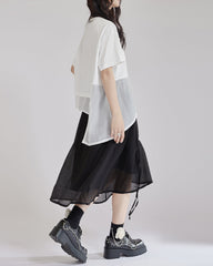 asymmetric cotton T-shirt with layered mesh panel – HARUX