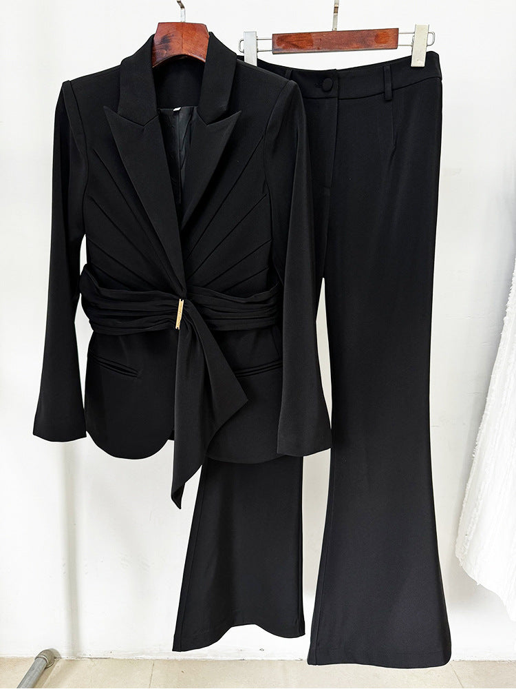 Draped belted blazer pants set with flared legs – Vronik