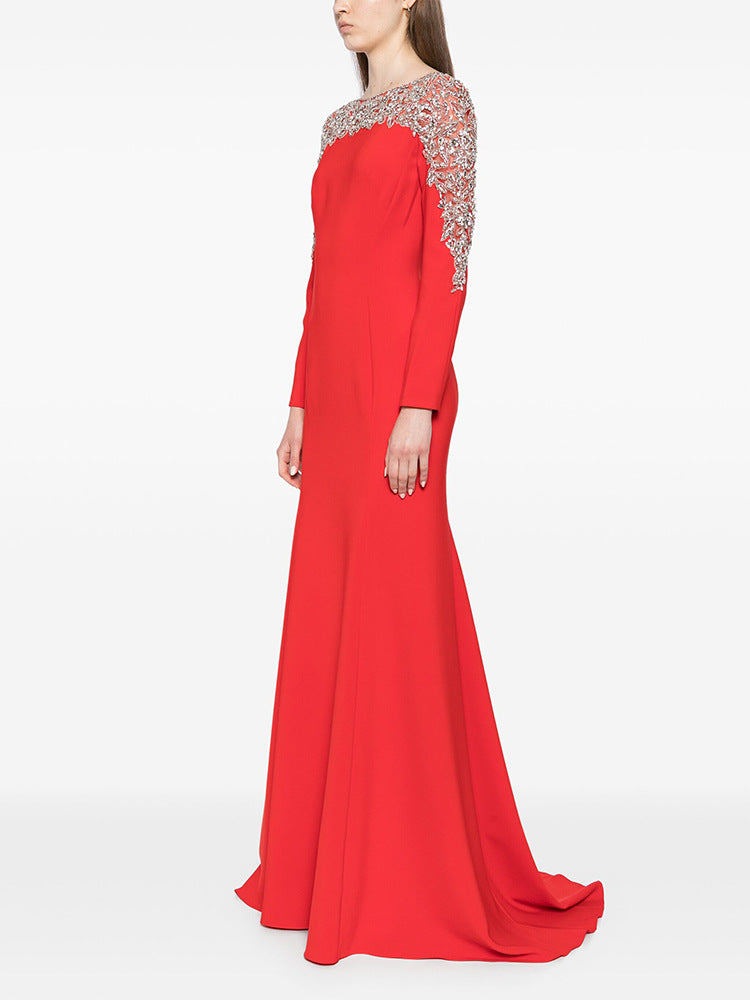 long sleeve flared gown with gold embellished cape detail – ORABEL