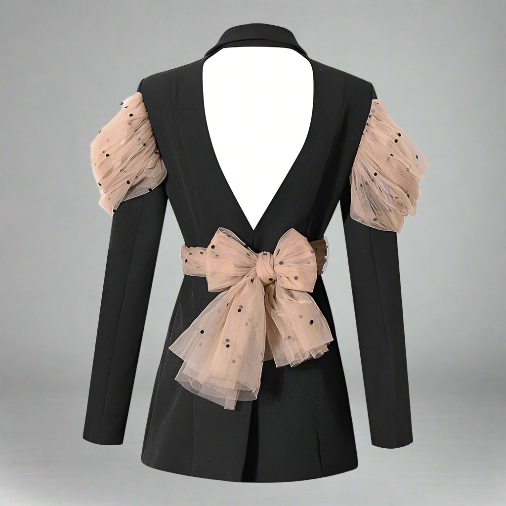 longline tailored blazer with draped tulle sleeves - Evisss