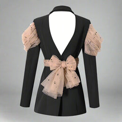 longline tailored blazer with draped tulle sleeves - Evisss