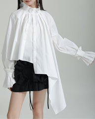 Ruffled High-Neck Shirt with Asymmetrical Hem - Nerdu