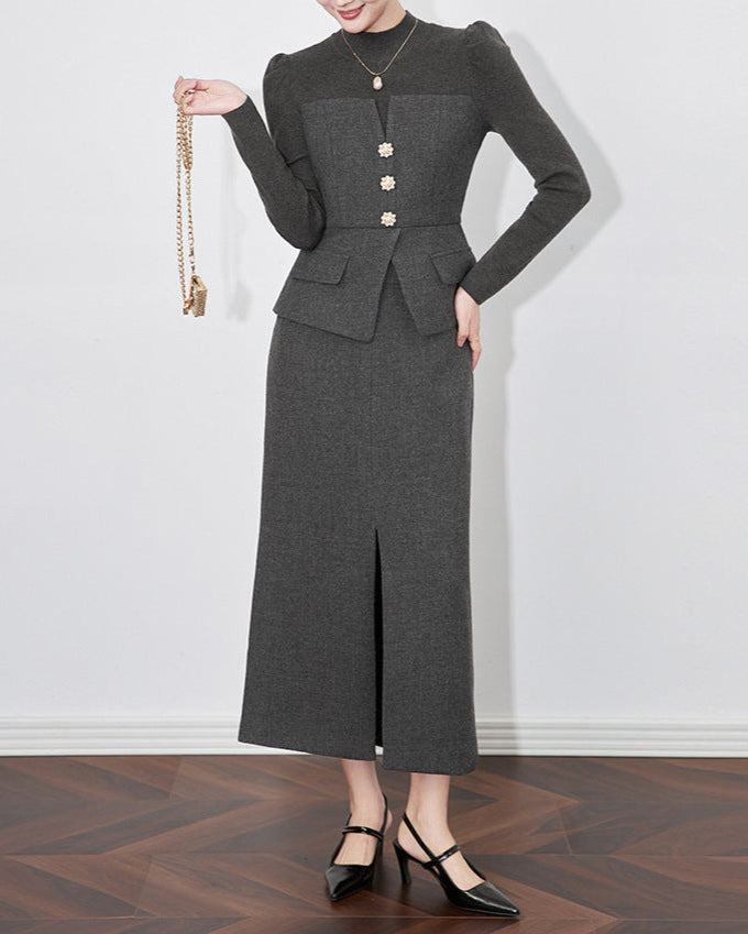structured wool-blend suit with floral buttons – SELENEZ
