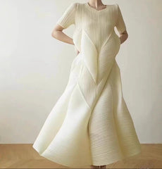 leated A-Line Midi Dress with Geometric Texture – SERENE