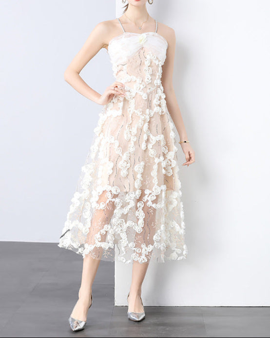 strappy tulle midi dress with 3D floral appliqué - VERZA