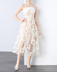 strappy tulle midi dress with 3D floral appliqué - VERZA