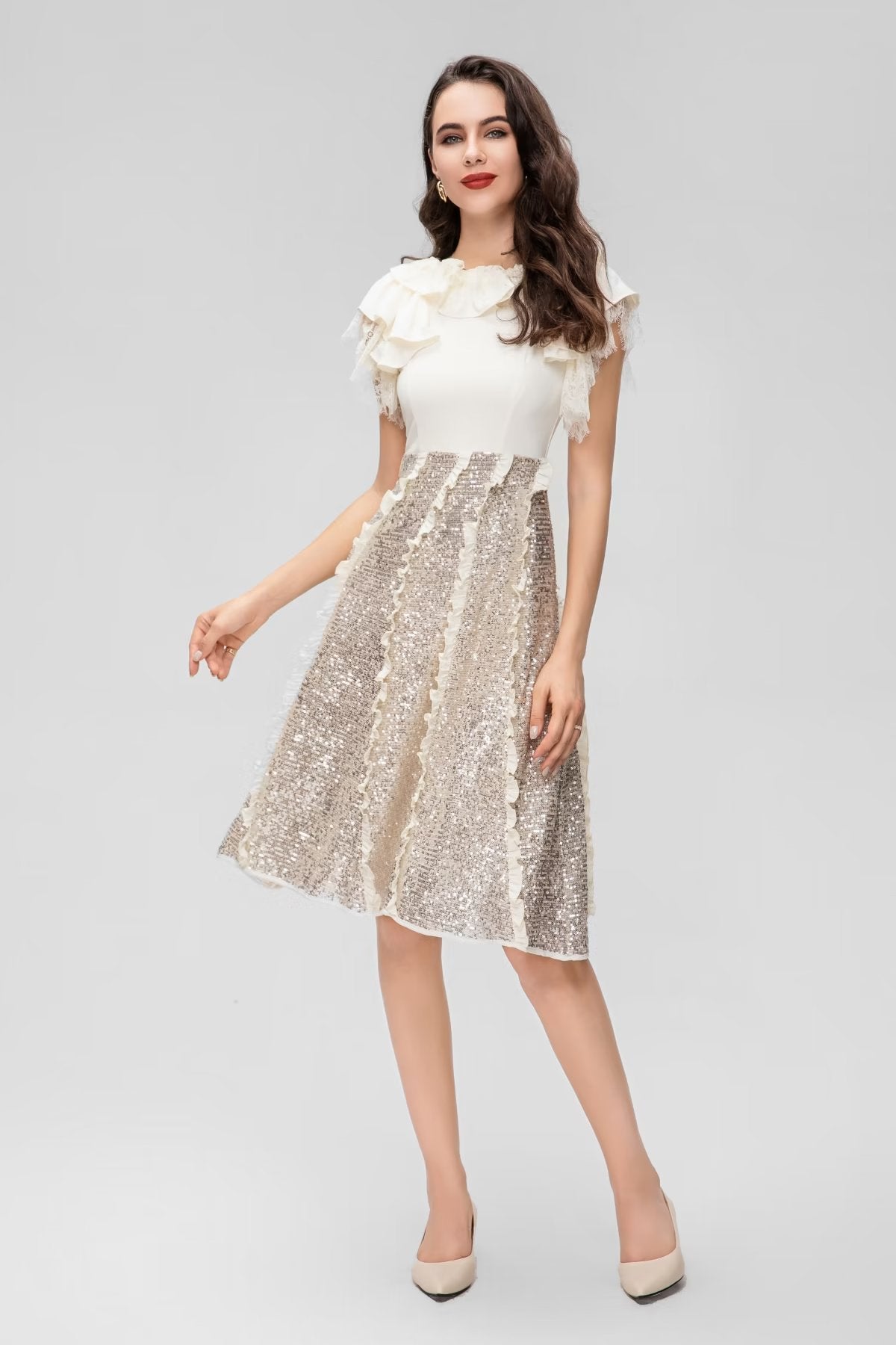 ruffle sleeve dress with sequin A-line skirt – Aafrreeda