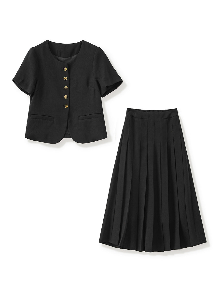 pleated midi suit with short-sleeve blazer - BELLES