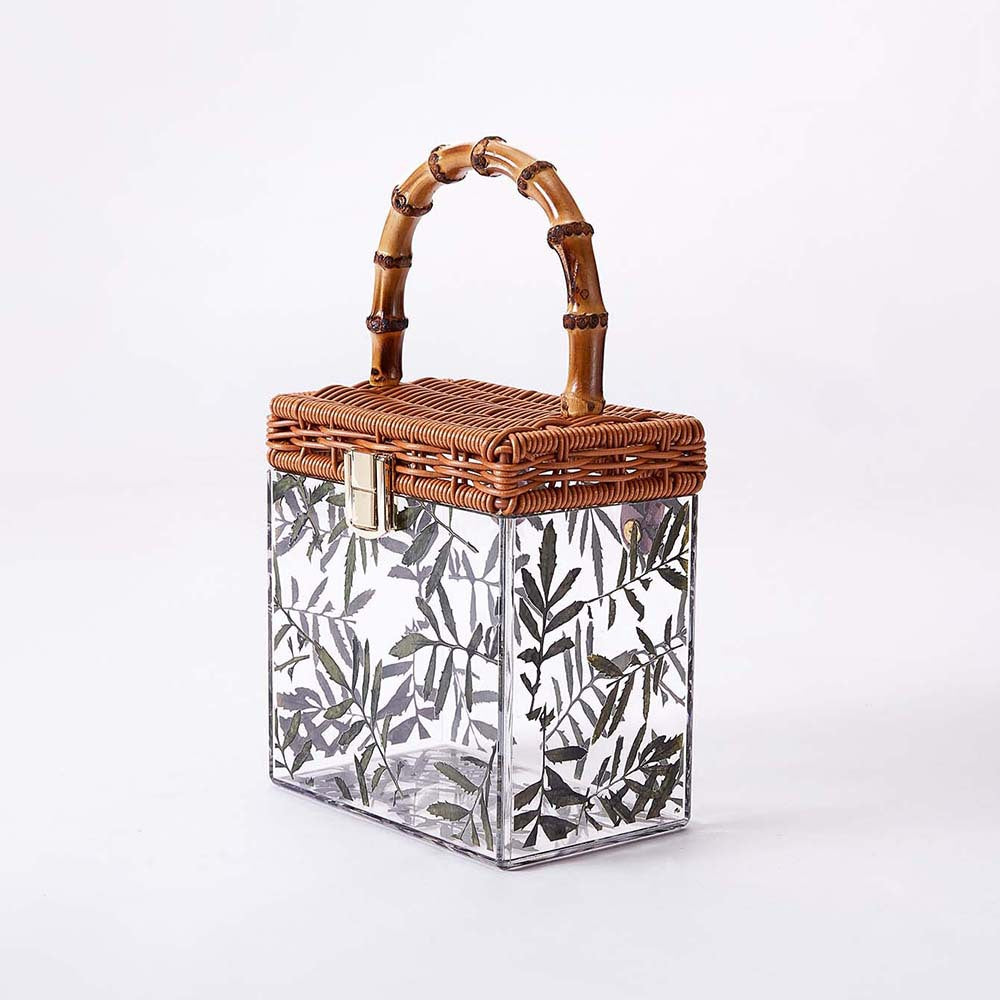 Clear acrylic box bag with bamboo handle and floral design - Lydu