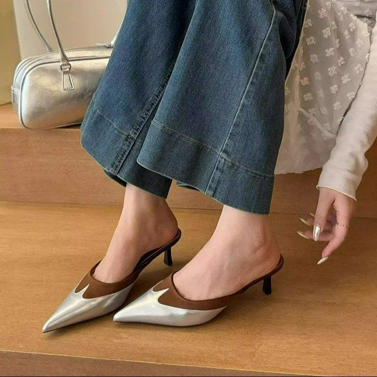 metallic leather mules with tan flame detail – ZEREINA