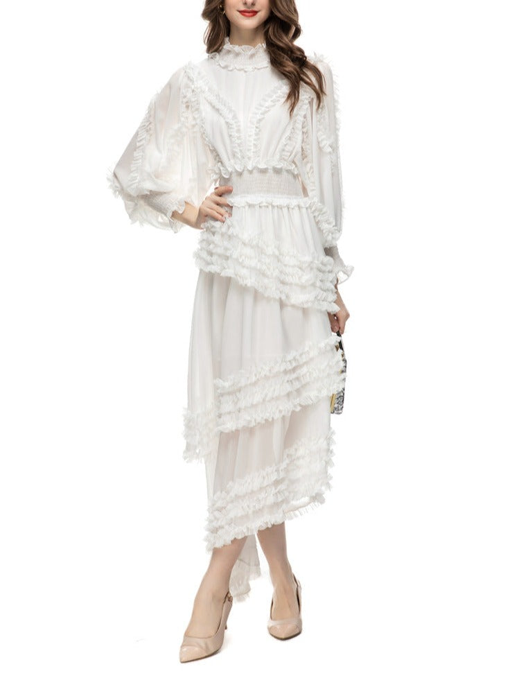 ruffled asymmetrical chiffon dress in emerald – Tharisha