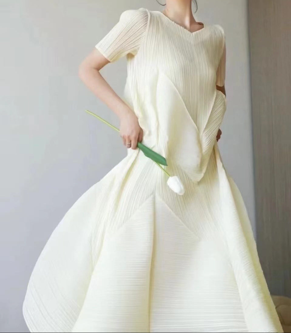 leated A-Line Midi Dress with Geometric Texture – SERENE