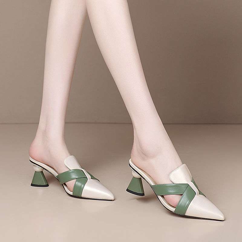 pointed leather mules with green cross straps and flared heels – VERONA