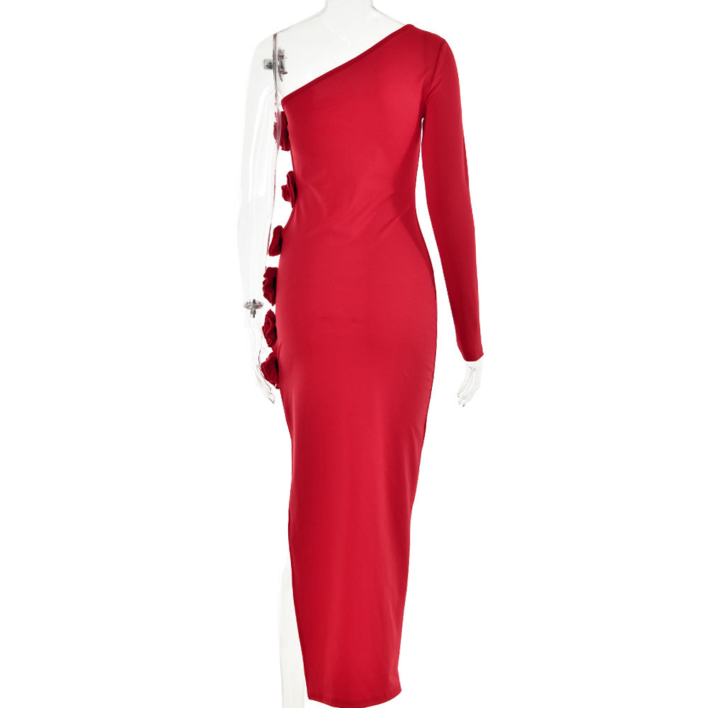 one-shoulder gown with floral side appliqué – Fahapol
