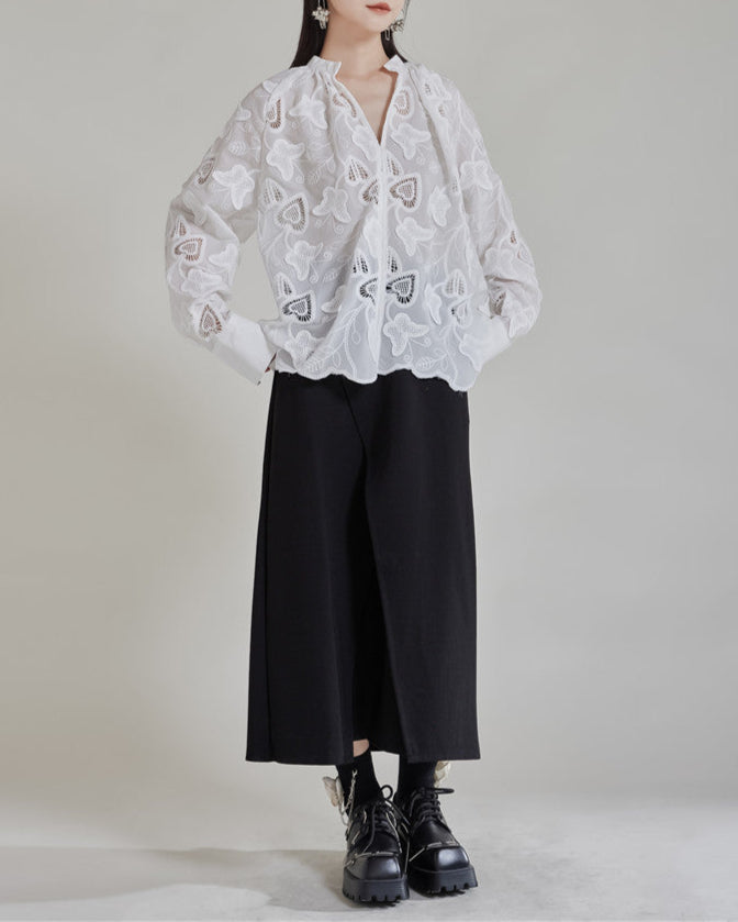 Lace embroidered oversized blouse with button-down front - Bisdy