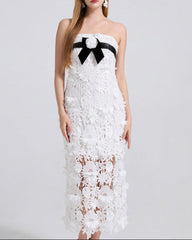 strapless floral lace midi dress with bow detail - FIORS