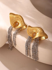 sculpted gold fan earrings with cascading chain tassels – VALINA