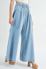 Denim Ruched Button Tie Front Pocket Flared Leg Jeans