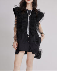 Ruffled cape sleeve dress with button closure - Siwru