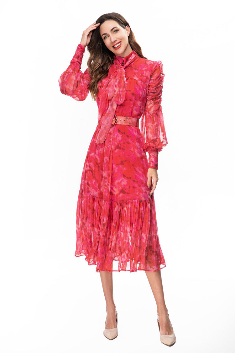high-neck chiffon midi dress with ruched sleeves – YTAGR