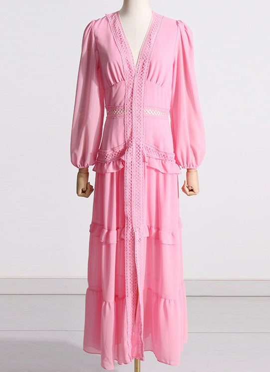 Tiered chiffon gown with crochet trim – Gennyfer