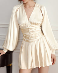 V-neck ruched mini dress with balloon sleeves - Nuljy