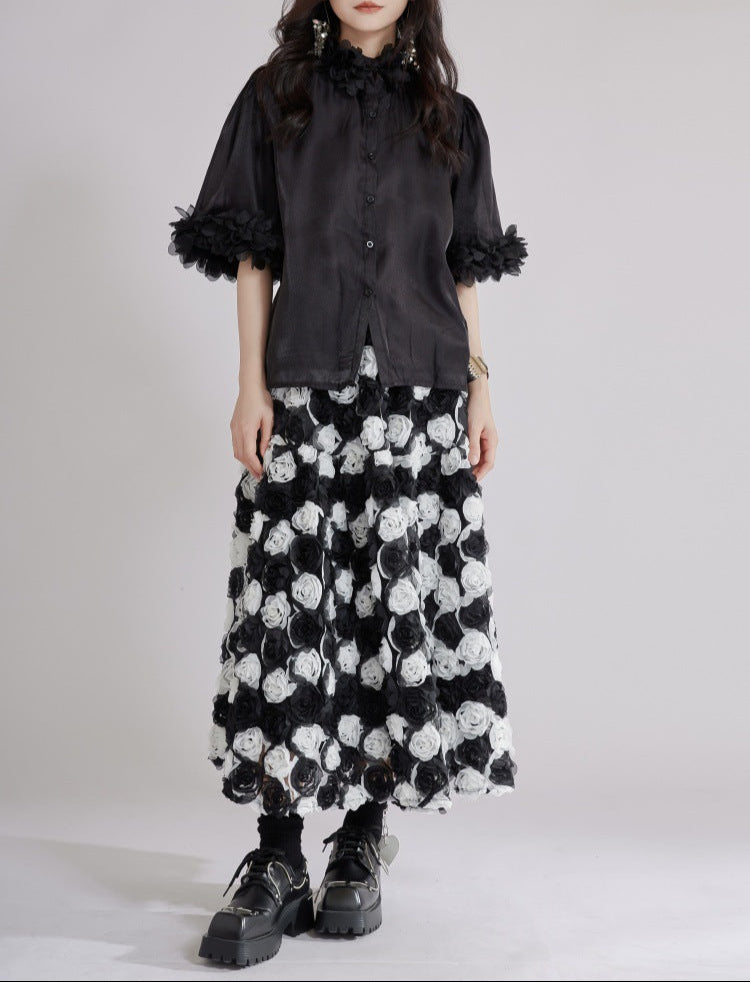puff sleeve shirt with 3D floral trims - BLOSIOM