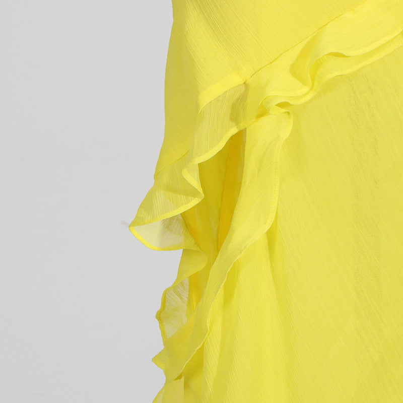 one-shoulder ruffle chiffon dress with high slit – GLORIA