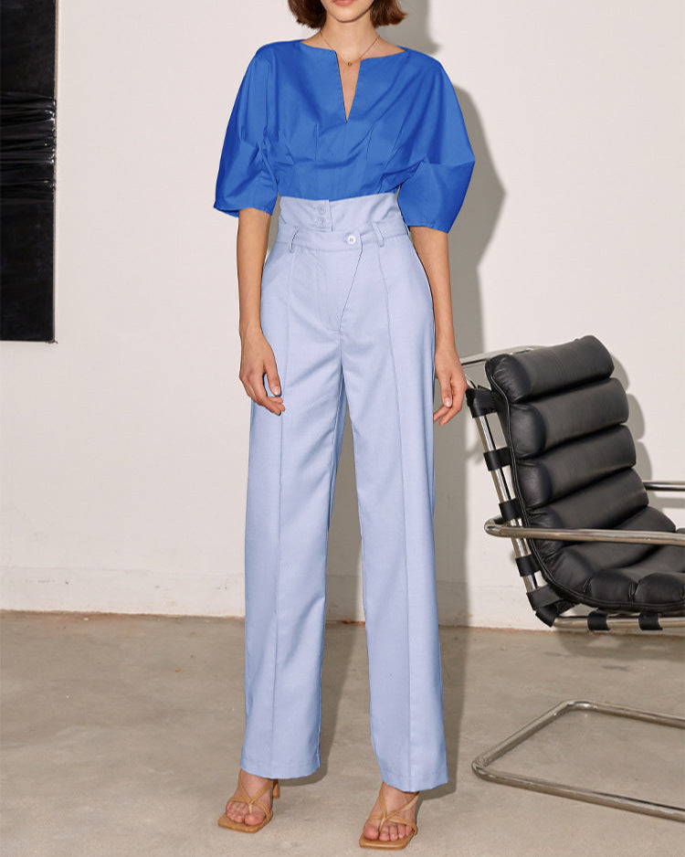 V-neck blouse with gathered half sleeves - Serwu