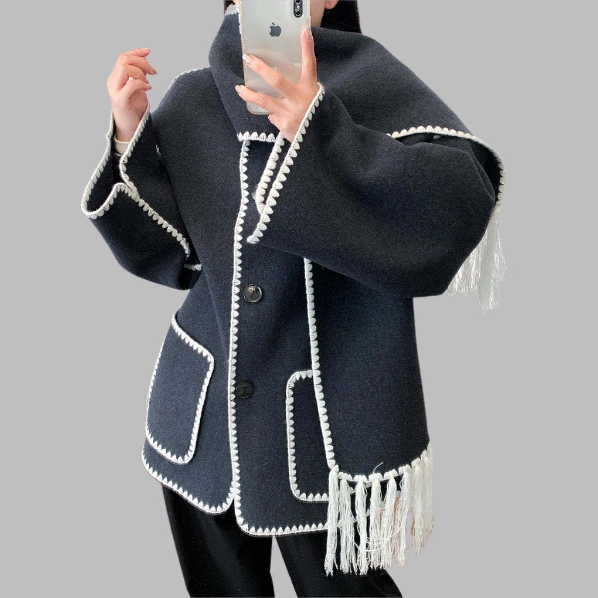 fringed cape jacket with contrast trim – Teghan
