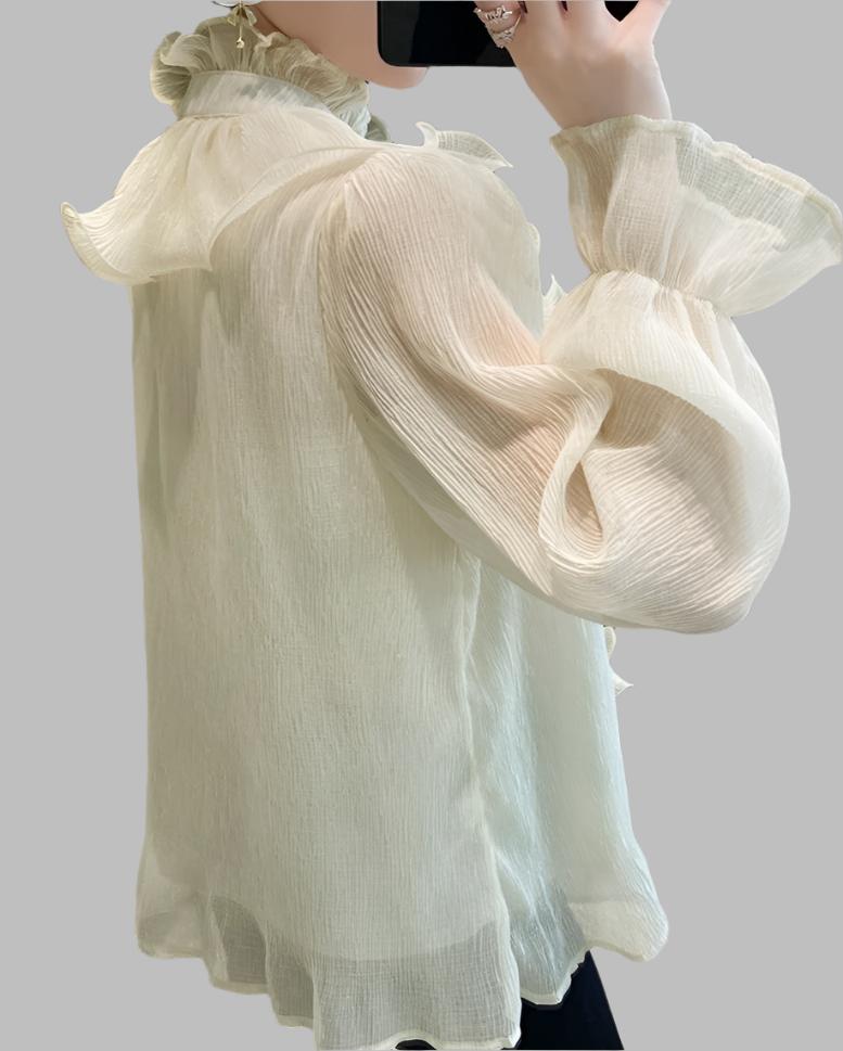 long sleeve ruffled chiffon blouse with stand collar – Tauret