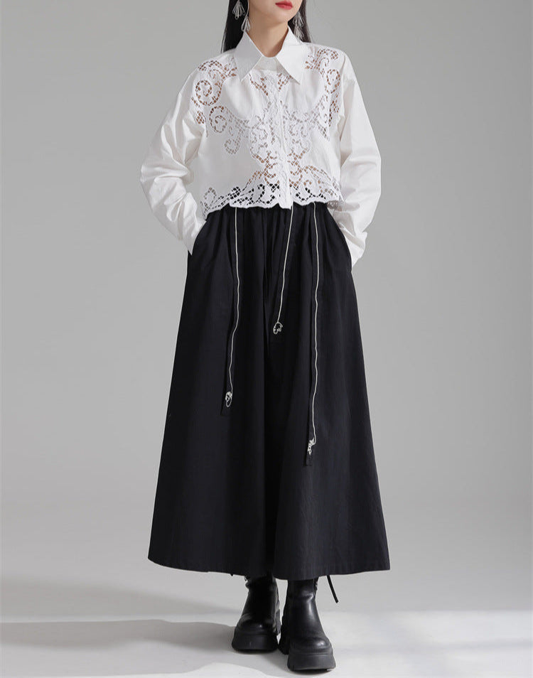 Lace-insert striped blouse with button closure - Vulga