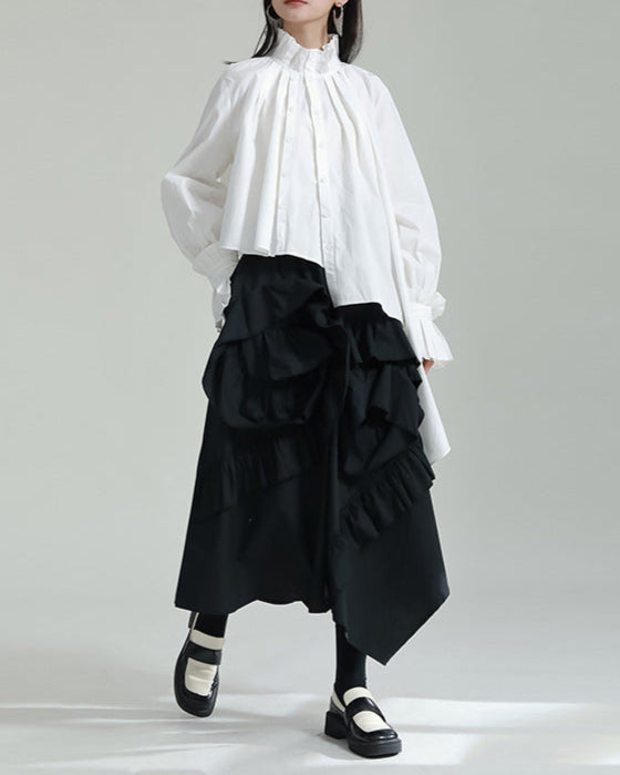 Ruffled High-Neck Shirt with Asymmetrical Hem - Nerdu