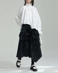 Ruffled High-Neck Shirt with Asymmetrical Hem - Nerdu