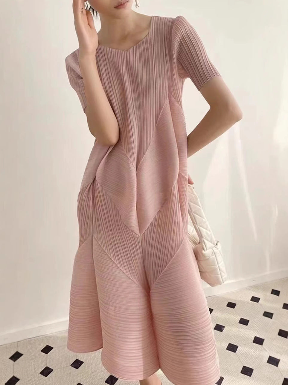 leated A-Line Midi Dress with Geometric Texture – SERENE