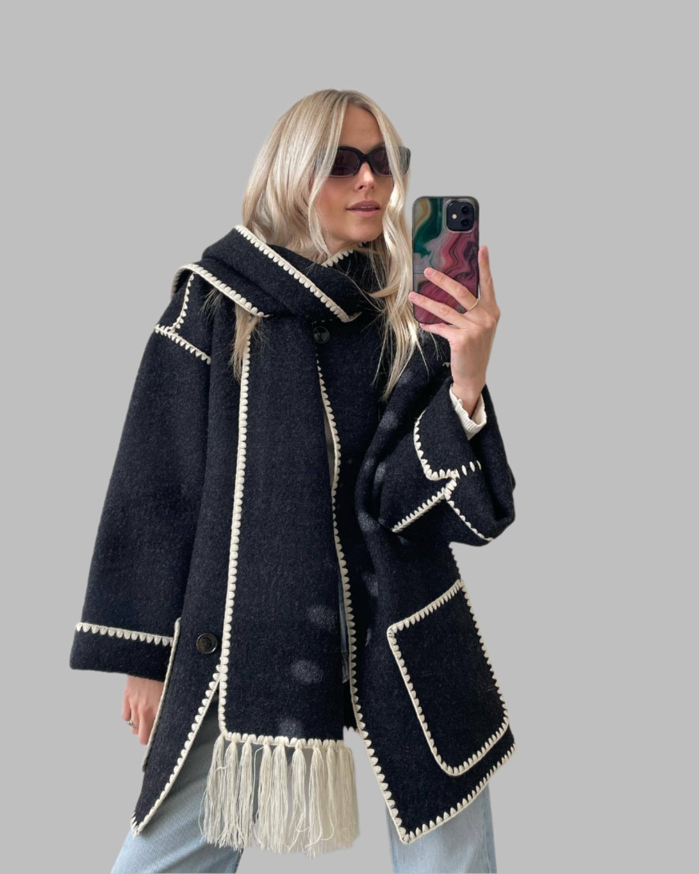 fringed cape jacket with contrast trim – Teghan