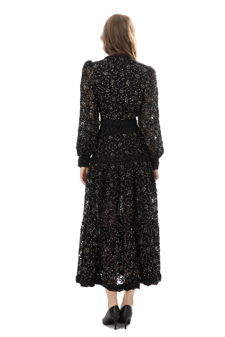 long-sleeve lace midi dress with scalloped neckline – Drance
