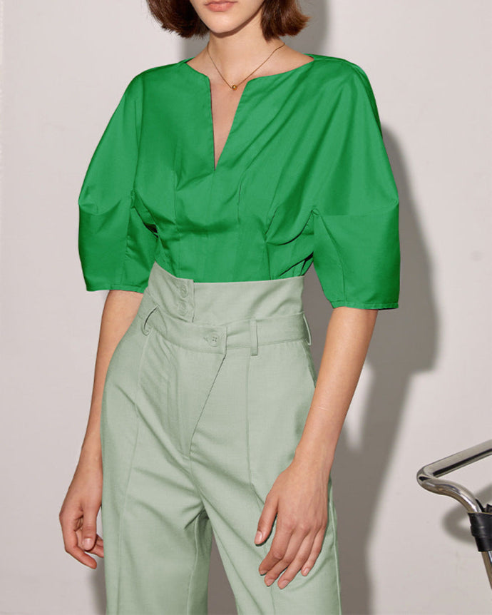 V-neck blouse with gathered half sleeves - Serwu