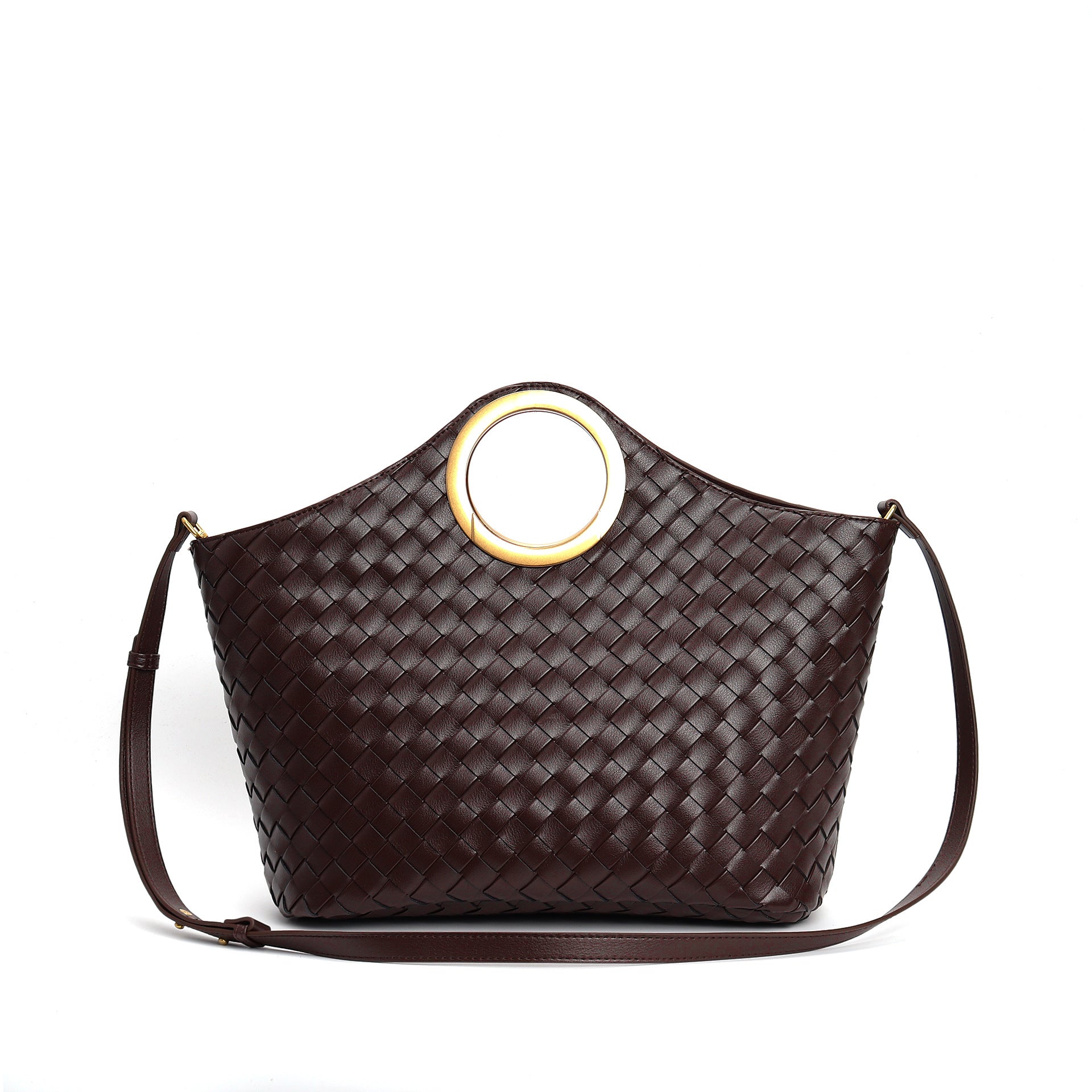 woven leather tote with circular metal handle - ARYAX