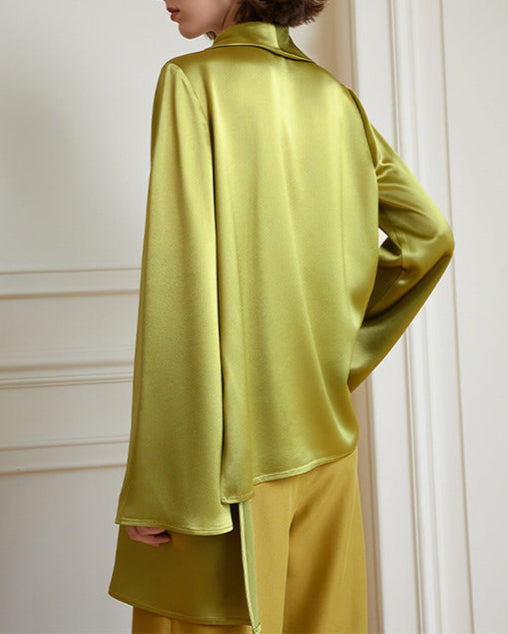 Long-sleeve satin wrap blouse with circular button - Mikli