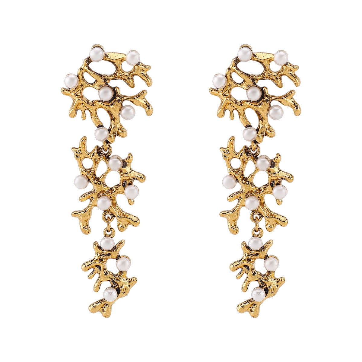 gold coral drop earrings with pearl accents – CORALIA