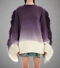 ombré fringe-trim sweater with textured shoulders - Famidah