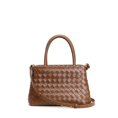 structured woven leather handbag with top handles and shoulder strap - MILZA