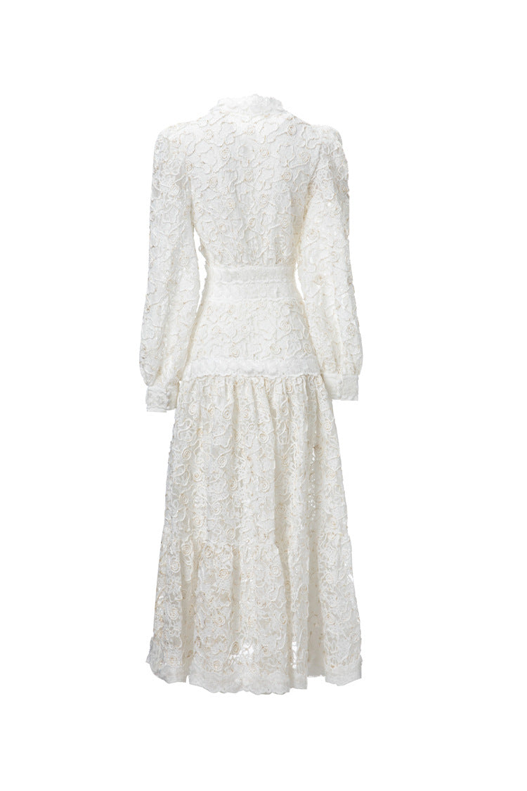 long-sleeve lace midi dress with scalloped neckline – Drance