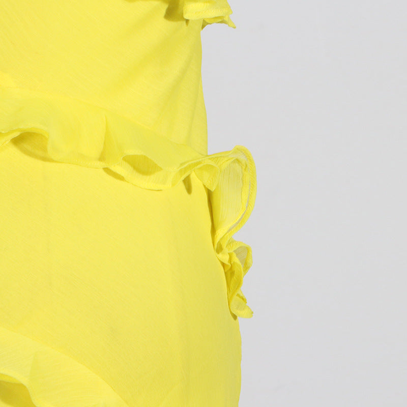 one-shoulder ruffle chiffon dress with high slit – GLORIA