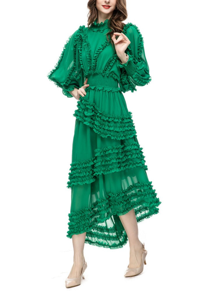 ruffled asymmetrical chiffon dress in emerald – Tharisha