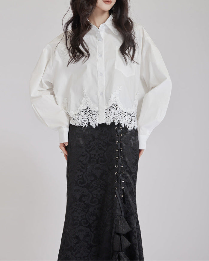 Long sleeve shirt with lace hemline - Cilnu