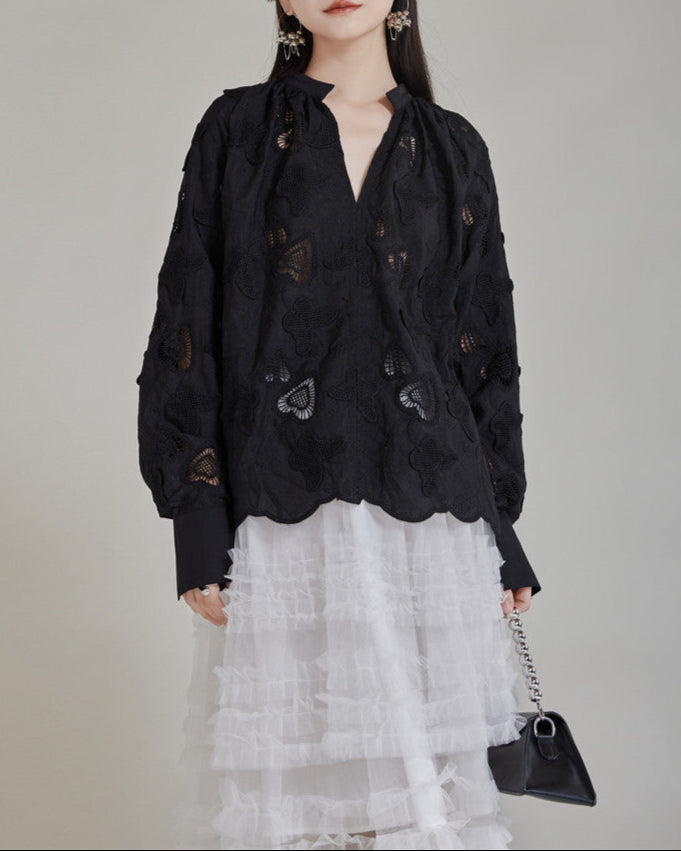 Lace embroidered oversized blouse with button-down front - Bisdy
