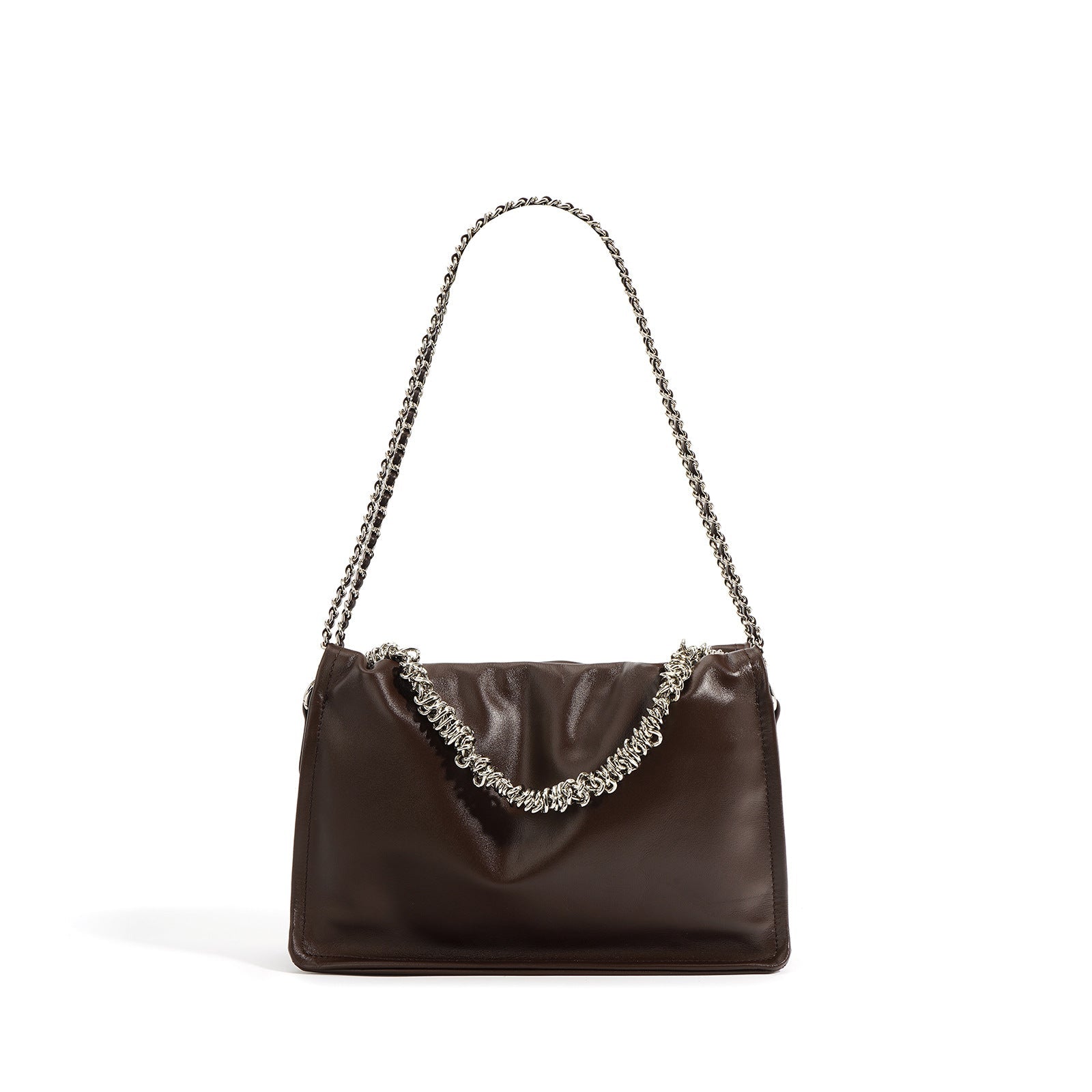 ruched leather bag with silver chain – MOCHA